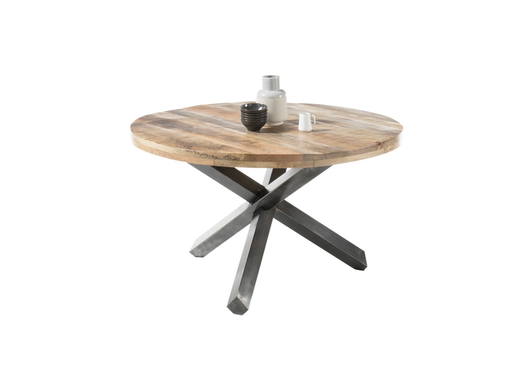 [83-870-S4] Esstisch Esszimmer Tisch Massivholz Echtholz Mango Metall Gestell rund 130cm