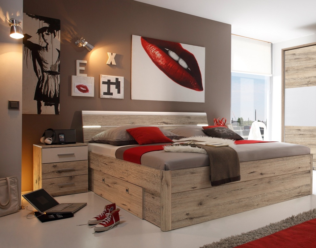 [87-192-D9] Doppelbett Nachtkommoden Bett 180 x 200 cm Ehebett sandeiche weiß Schublade