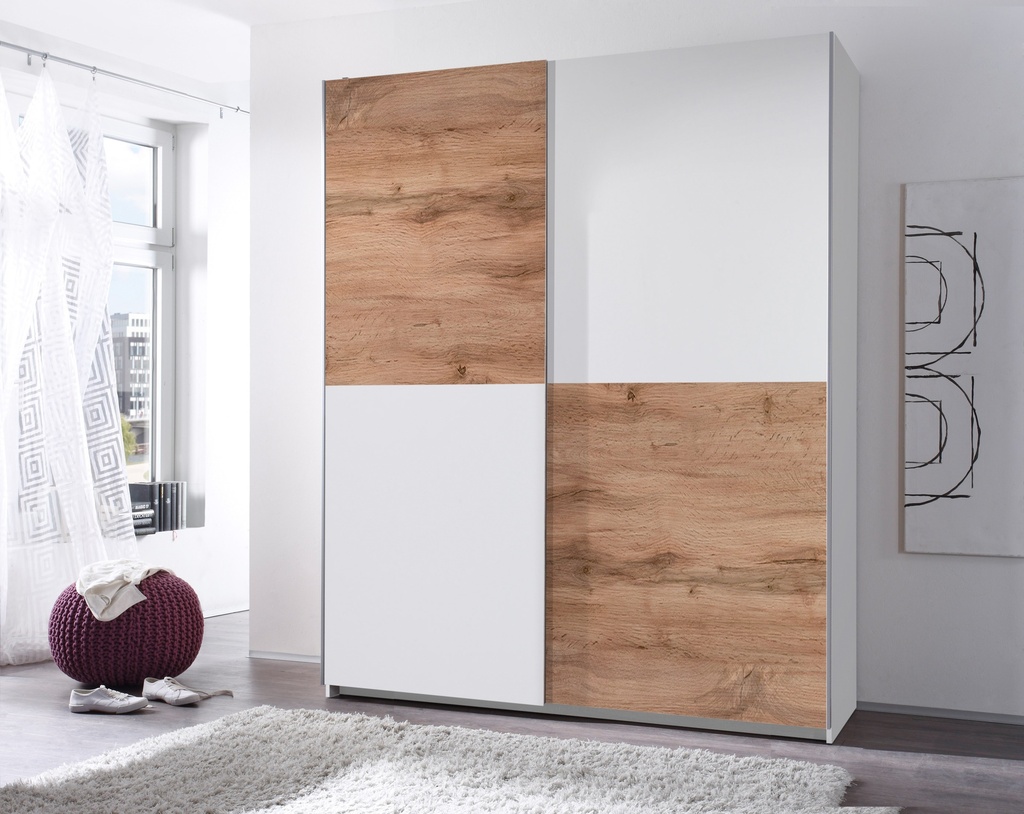 [58-031-O9] Kleiderschrank Schwebetürenschrank Schlafzimmer 170cm Weiß Schachbrett Wildeiche