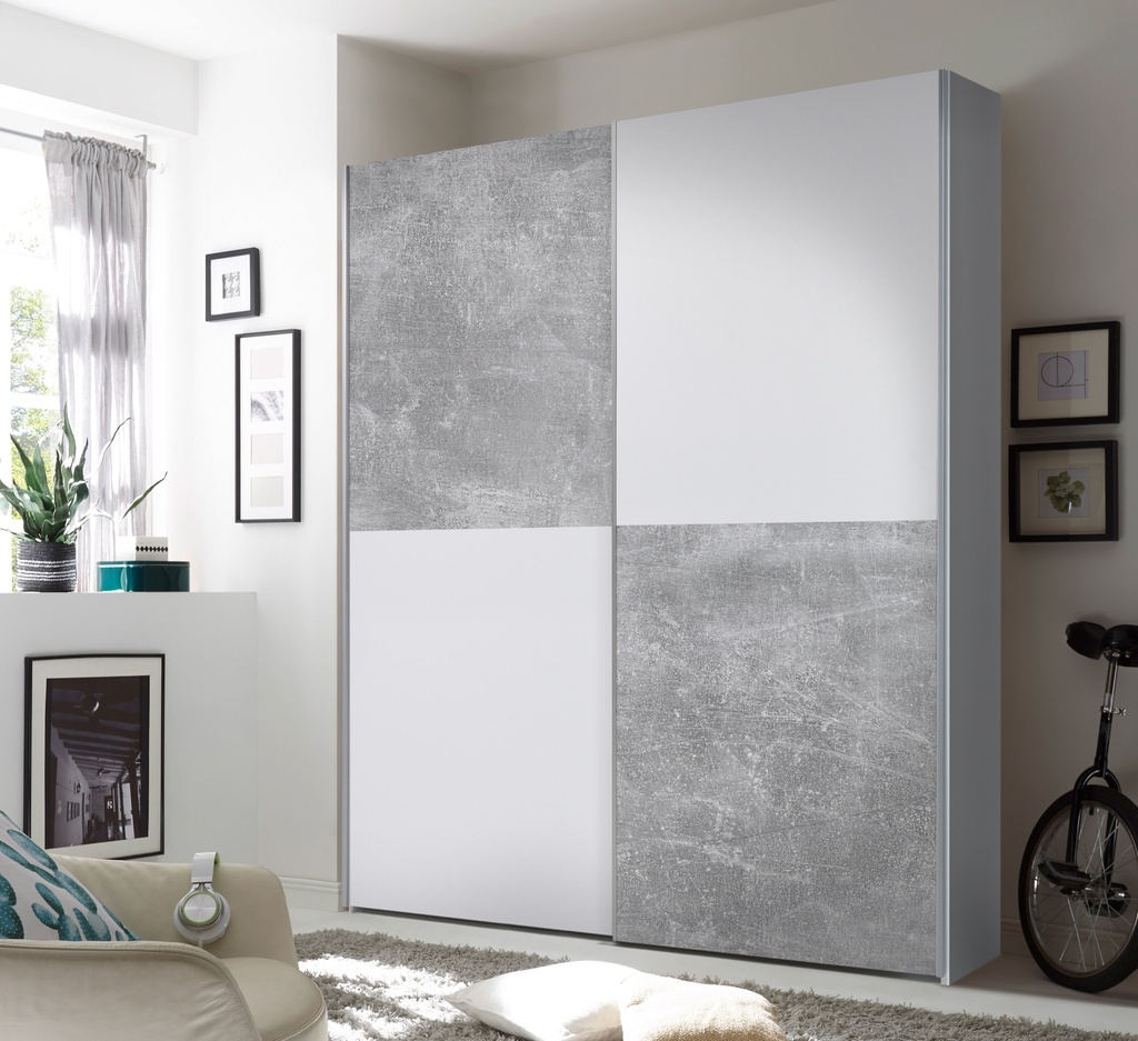 [58-031-N4] Kleiderschrank Schwebetürenschrank Schlafzimmer 170cm Weiß Schachbrett Beton