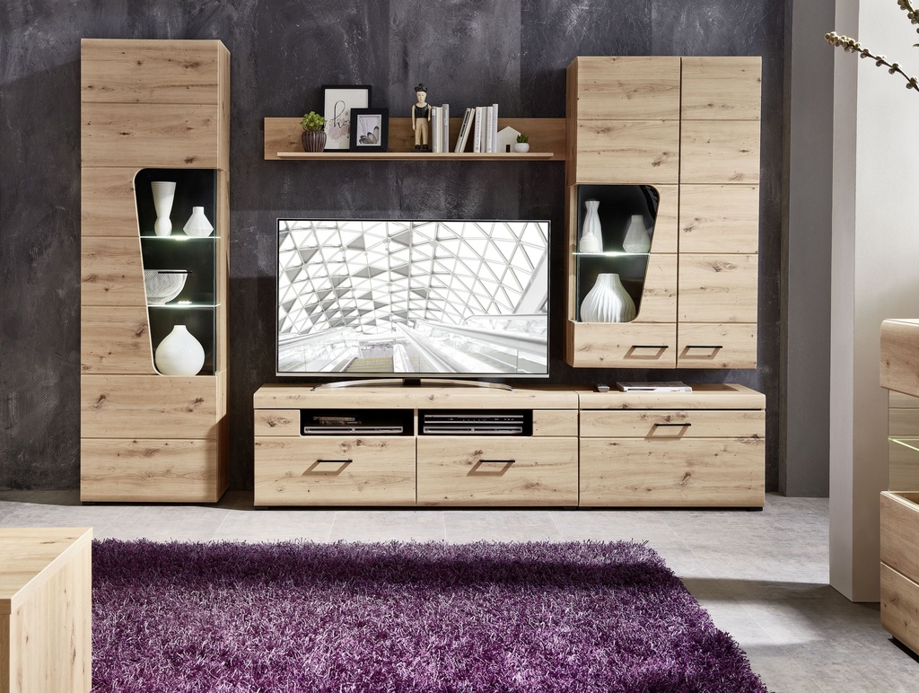 [10-H4-HH-83] Wohnwand Wohnzimmer-Set 4 FUNNY PLUS Vitrine Wandboard TV braun Eiche LED