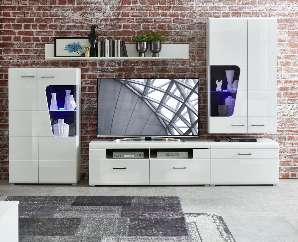 [10-H4-WW-81] Wohnwand Wohnzimmer-Set 2 FUNNY PLUS Vitrine Wandboard TV weiß glanz LED Licht