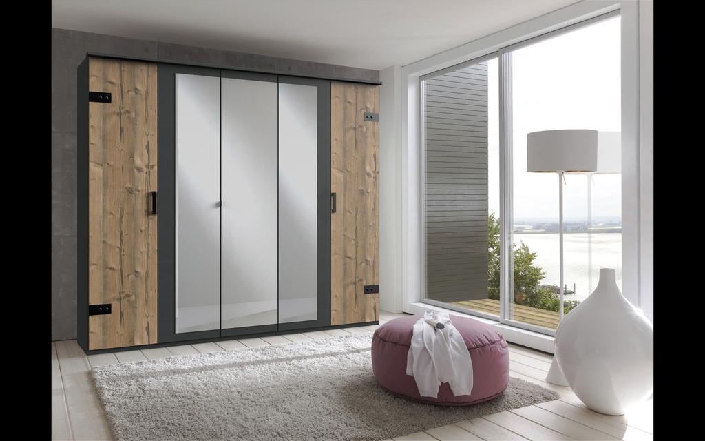 [S20-566] Kleiderschrank STOCKHOLM 225cm Schrank 5türig Spiegel grau braun Weißtanne