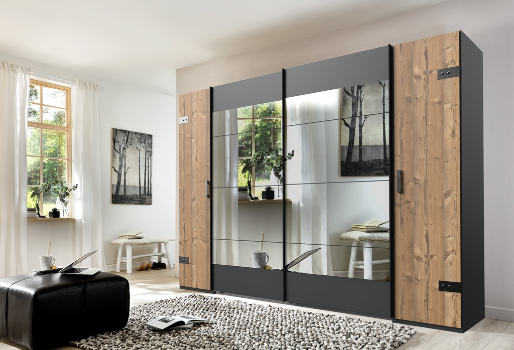 [S20-786] Schrank Kleiderschrank STOCKHOLM Schwebetüren Spiegel grau braun Weißtanne
