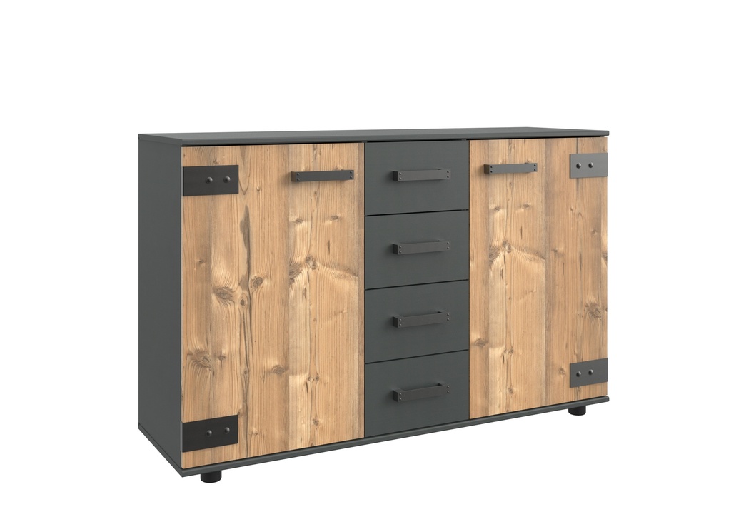 [S20-704] Sideboard Kommode "STOCKHOLM" Schubladen Schlafzimmer 130cm grau braun Weißtanne