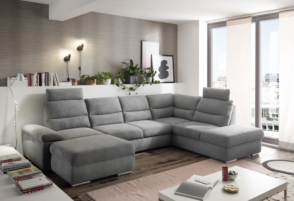[64-925-14R] Couch Wohnlandschaft ALMA Schlaffunktion Schlafsofa grau Ottomane rechts