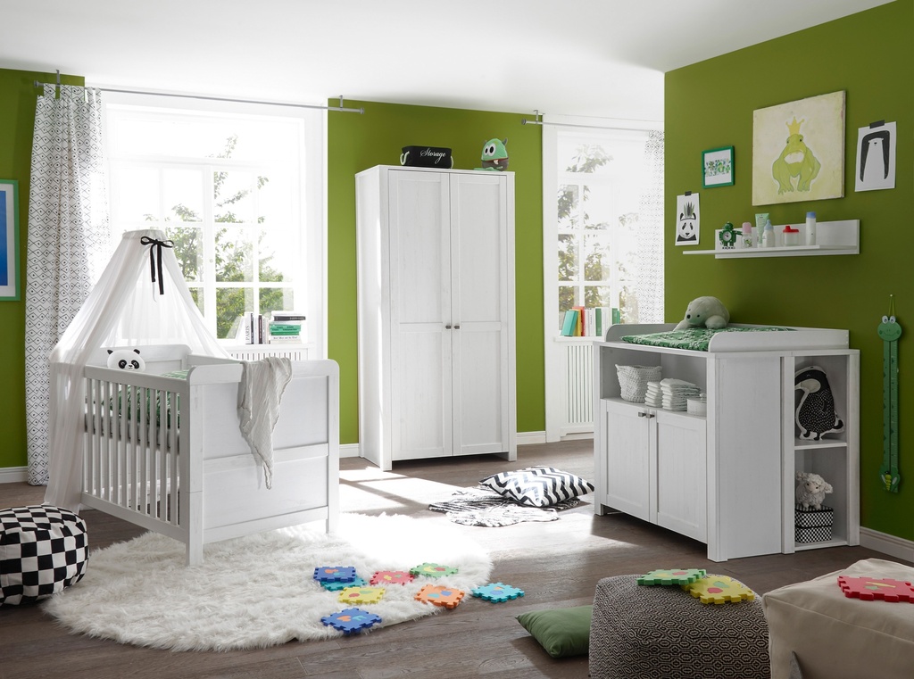 [TMM0702024417719] Babyzimmer Set Komplett 4tlg Wickelkommode Bett Regal Schrank 2 Türen Pinie weiß