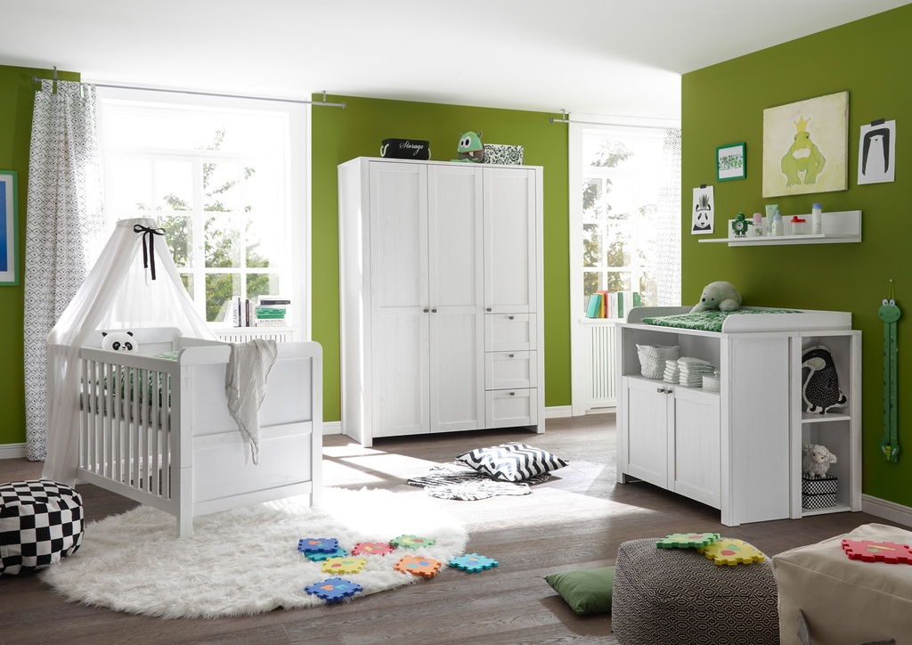 [TMM0702024417689] Babyzimmer Set Komplett 4tlg Wickelkommode Bett Regal Schrank 3 Türen Pinie weiß