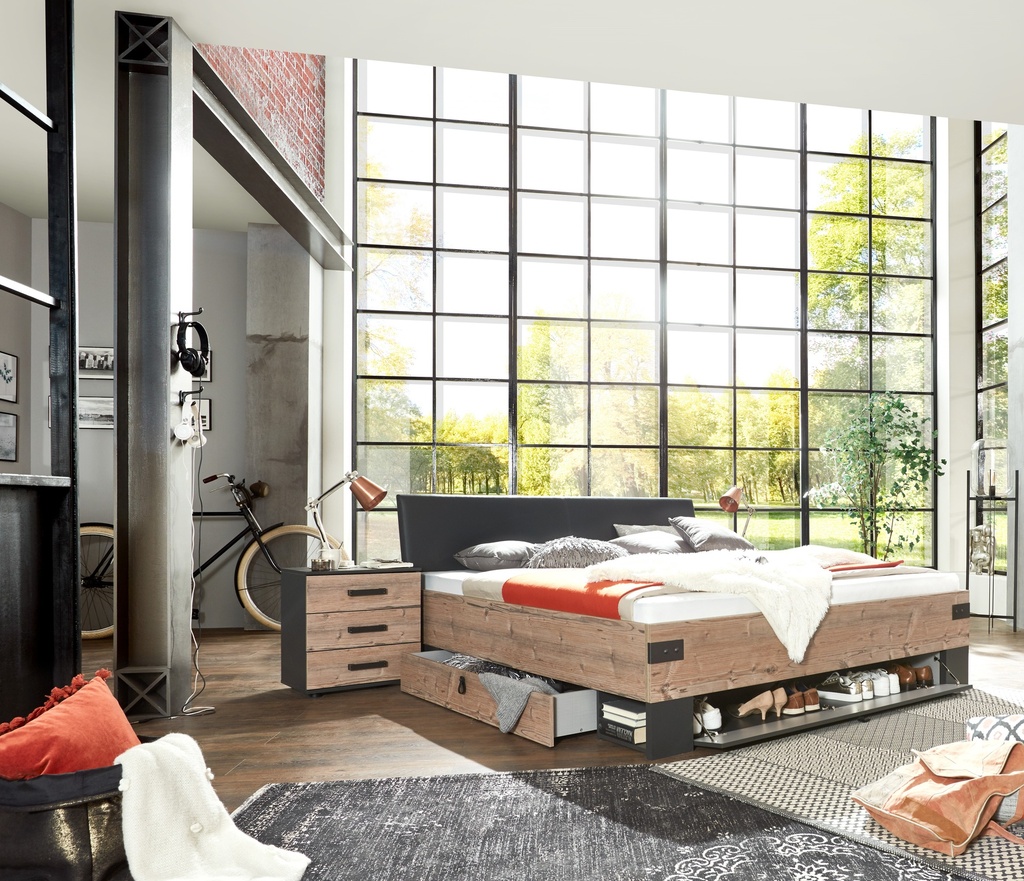 [S20-301+S20-718] Bett 180 Doppelbett Bettanlage 3-tlg. STOCKHOLM Nachtkommoden grau braun Tanne