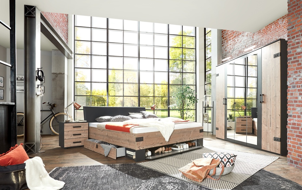 [S20-301+S20-718+S20-566] Schlafzimmer Komplett Set STOCKHOLM Bett Kleiderschrank 225cm graubraun Spiegel