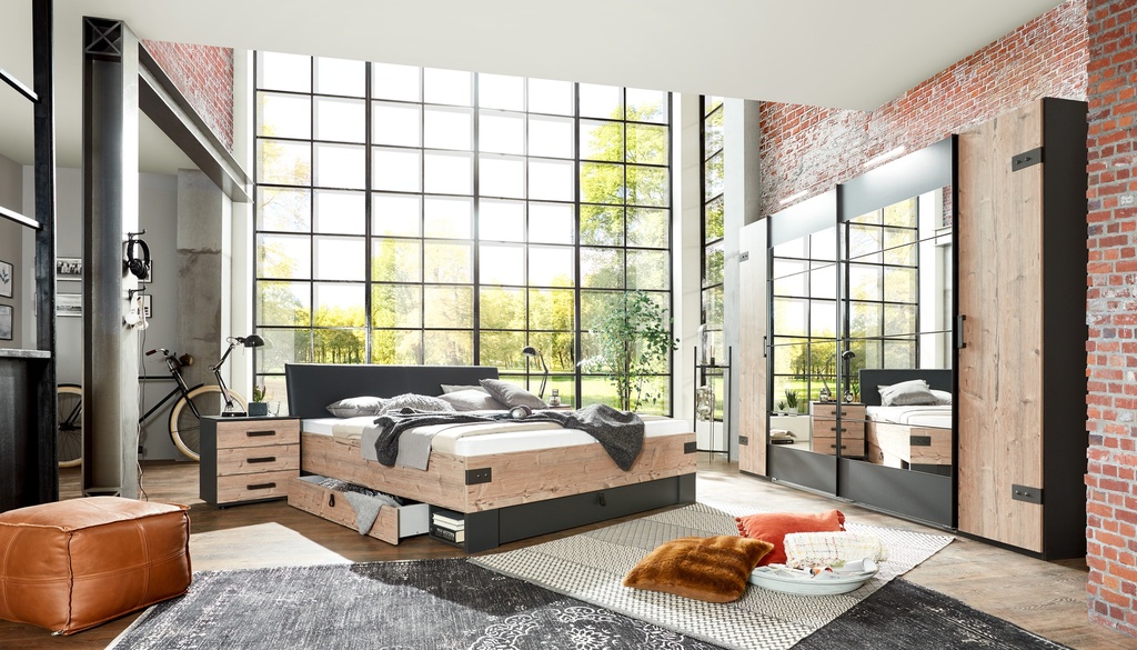 [S20-301+S20-718+S20-786] Schlafzimmer Komplett Set STOCKHOLM Bett Kleiderschrank 272cm Spiegel graubraun