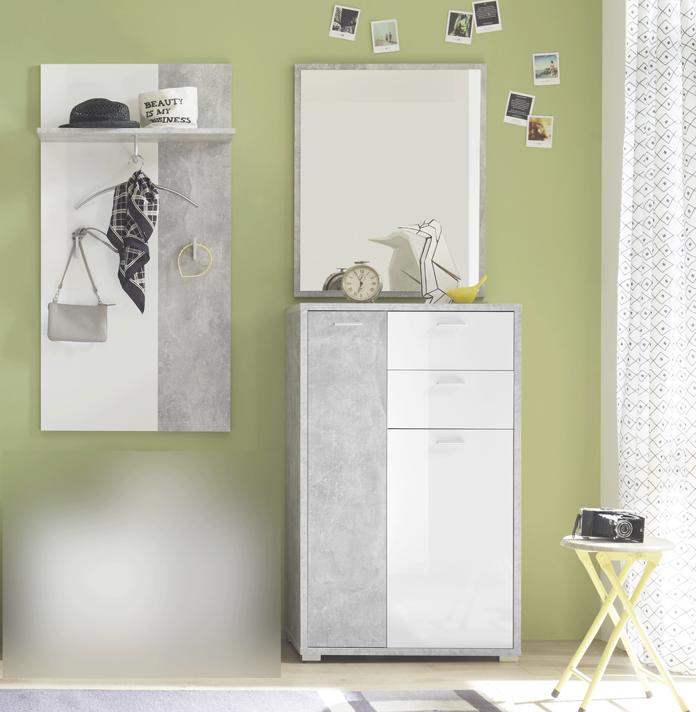 [36-299-D5+31-299-D5+31-299-D5] Garderobe Set MOUNTAIN 3-tlg Paneel Spiegel Schuhkommode weiß beton