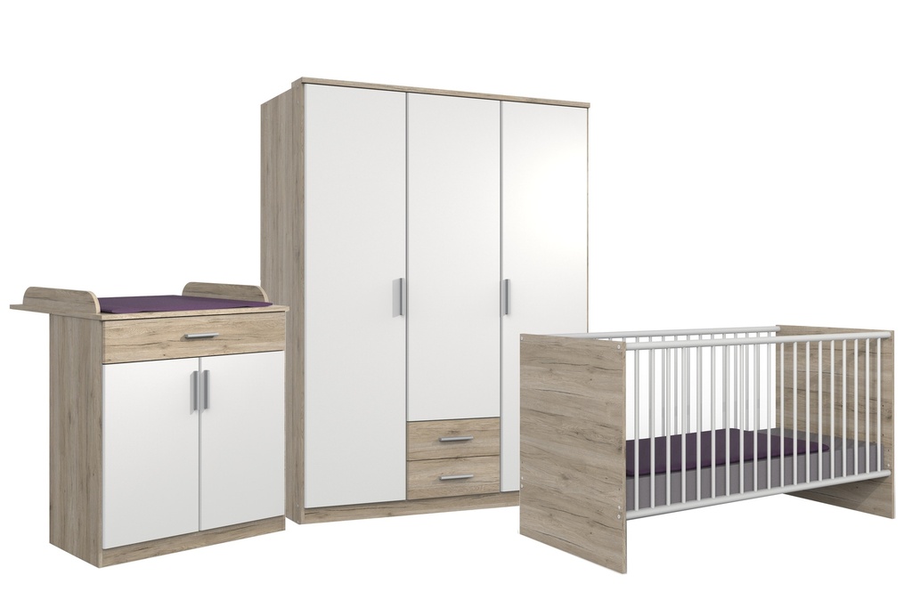 Babyzimmer-Set "Kiel" 3tlg Wickelkommode Babybett Kleiderschrank 3türig Schubkästen Eiche weiß