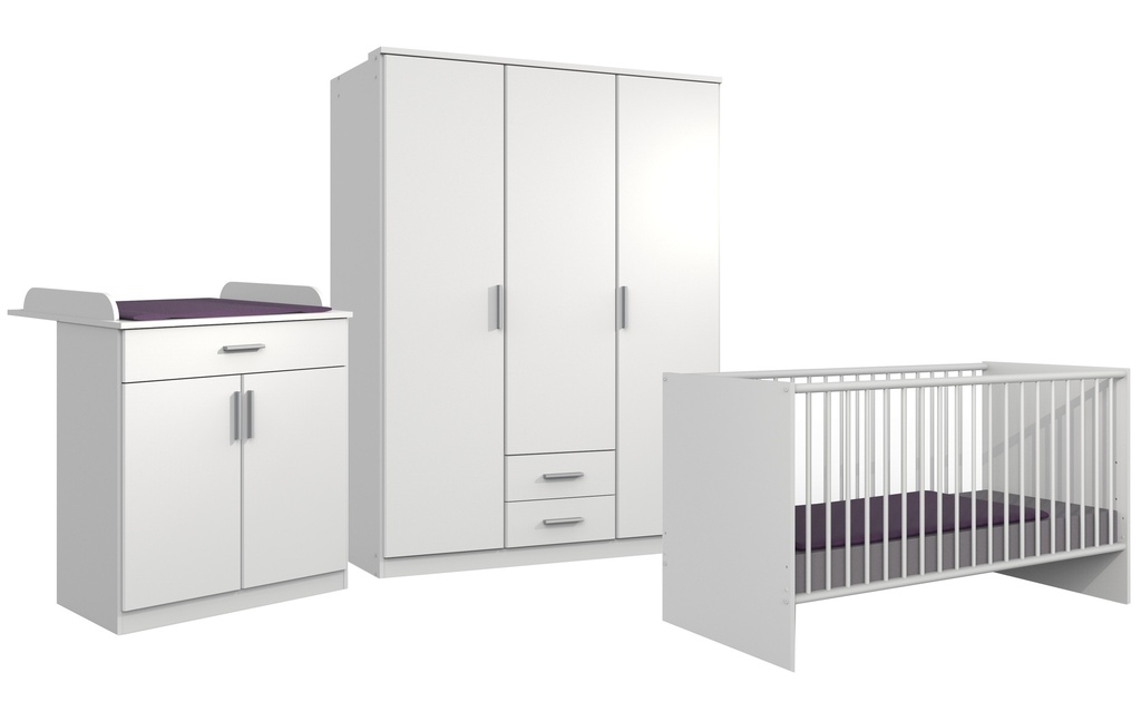 Babyzimmer-Set "Kiel" 3tlg Wickelkommode Babybett Kleiderschrank 3türig Schubkästen weiß
