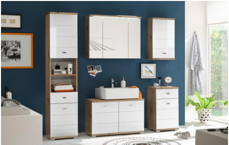 [85-076-T2] Badmöbel-Set "POOL" 5-tlg Badezimmer Badmöbel Artisan Eiche weiß Beleuchtung