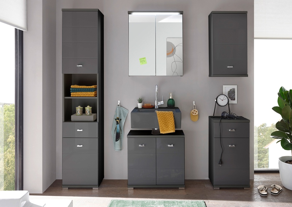 [85-076-C0] Badmöbel-Set "POOL" 5-tlg Badezimmer Badmöbel anthrazit grau Hochglanz Beleuchtung